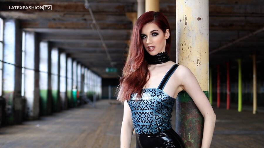 photographer LatexFashionTV fashion modelling photo. helen teiman designer at amentium latex poses in the outfit that got her a date on itvs take me out dating show.