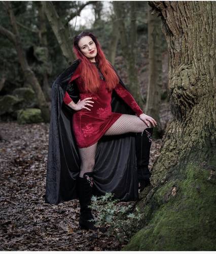 model Bubbley  STEPH theme modelling photo taken by Richard huckett . red riding hood witchy theme woodland shoot.
