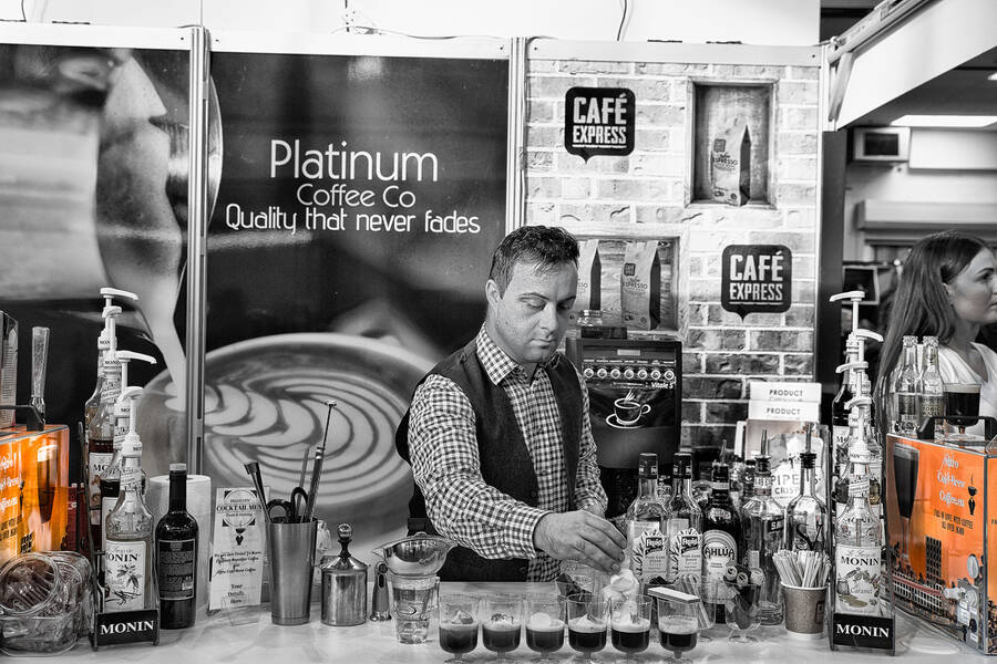 photographer Stixsam65 commercial modelling photo taken at Bar 18 expo with Platinum coffee