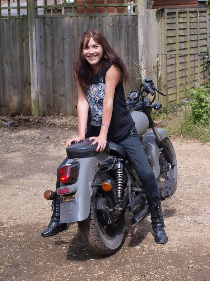 photographer Baron Michael cosplay modelling photo taken at Norfolk. lighthearted play with a motorbike.